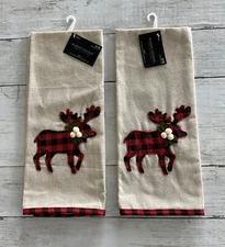 Robert Stanley Tan Dish Towel With Red Plaid Christmas Moose 16”x26” Set Of 2