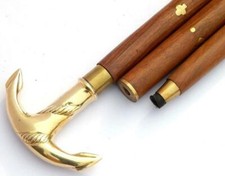 Vintage Victorian Wooden Walking Stick Brass Nautical Anchor Handle Cane Antique