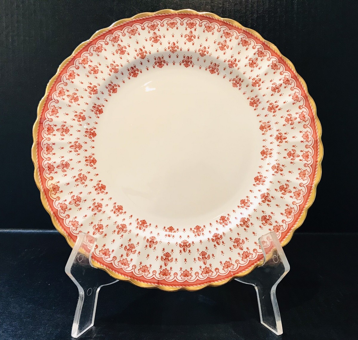 Spode Fleur De Lys Red Salad Plates Y7481 Bone China Gold Trim