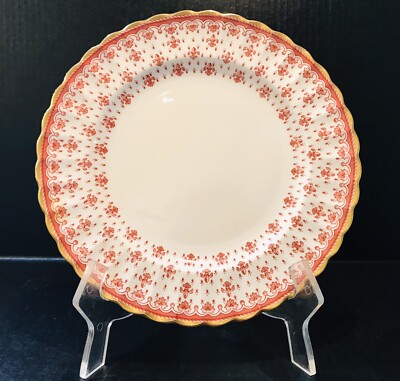Spode Fleur de Lys Dinner Plate Y7481 Red Bone China Gold Trim Lis Scalloped