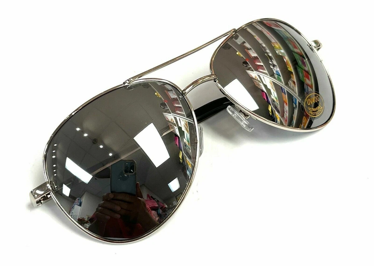 Aviator Sunglasses Black Mirror Lens Men Women Silver Spring Hinge