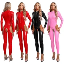US Women's Bodysuit Slim Fit Leotard Crotchless Catsuit Zipper Rompers Wet Look