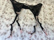 NEW! M&S Marks & Spencer UK10 black lace suspender belt with pink organza bows