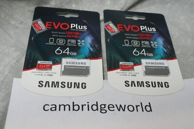 2 PIECES New GENUINE Samsung EVO Plus 64GB Micro SD Memory Card with SD Adapter 