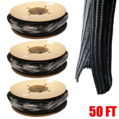 3x 50FT 1.5'' Self Closing Cable Sleeve Wrap Sock Braid Flexible Organizer Black