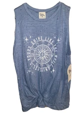 Dirtee Laundry Blue Tie Waist T-Shirt size XL Sleeveless Holes in Shirt Style 