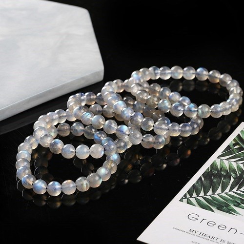 Grey Labradorite Beaded Bracelets - Natural Stone Bracelet Charm Flash Bangles - Picture 8 of 18