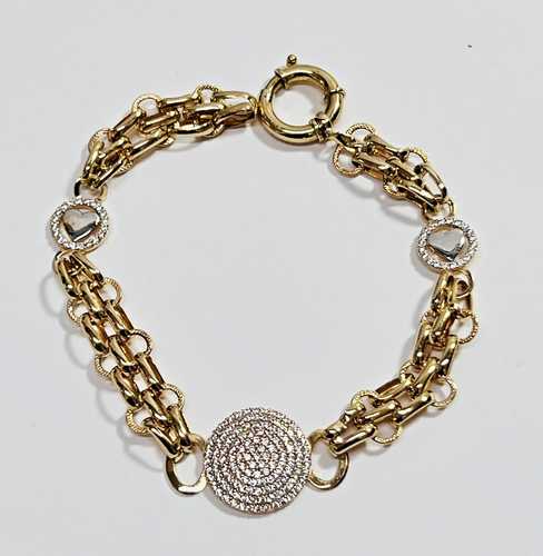 Unique 14K Solid Two Tone Designer Gold Bracelet With Heart's & CZ'S Free Ship - Picture 6 of 15