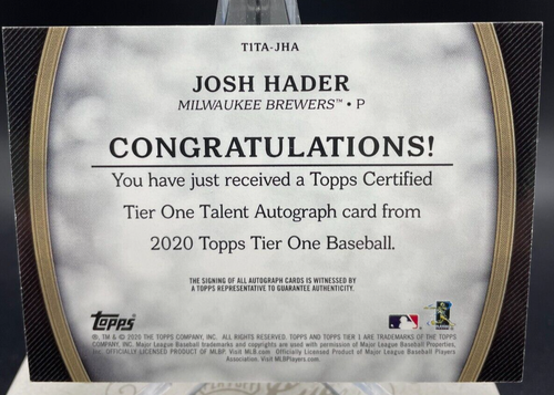 2020 Topps Tier One - JOSH HADER - Talent Autograph SP - #d/299 - ASTROS - Picture 2 of 2