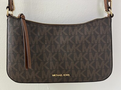 Michael Kors Logo Laney MD Pouchette Crossbody Messenger Leather Brown Bag