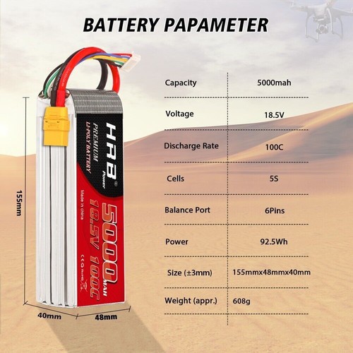 HRB 5000mAh 18.5V 5S 100C XT90 LiPo Battery for RC Helicopter Drone Truck Boat - Picture 2 of 6
