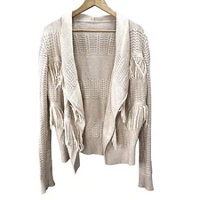 Open Front Fringe Sweater Cardigan Cream Wrap Angora Wool Blend size M