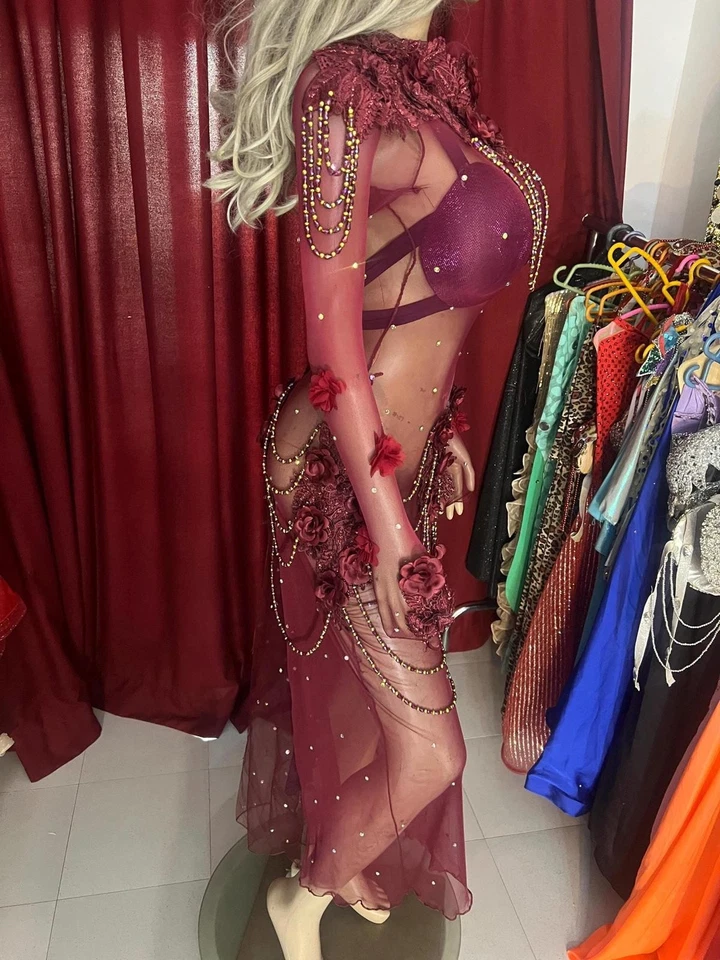 Vestido de danza del vientre azul cristal: vestido burlesco brillante Foto 3 de 4