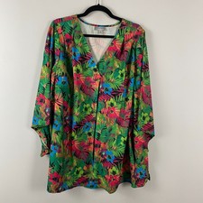 Catherines V-Neck Angel Sleeve Blouse Size 2X Green Multi Floral Tropical Print