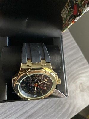 Ed Hardy Mens Gold And Black Face Chronological Watch Silicone
