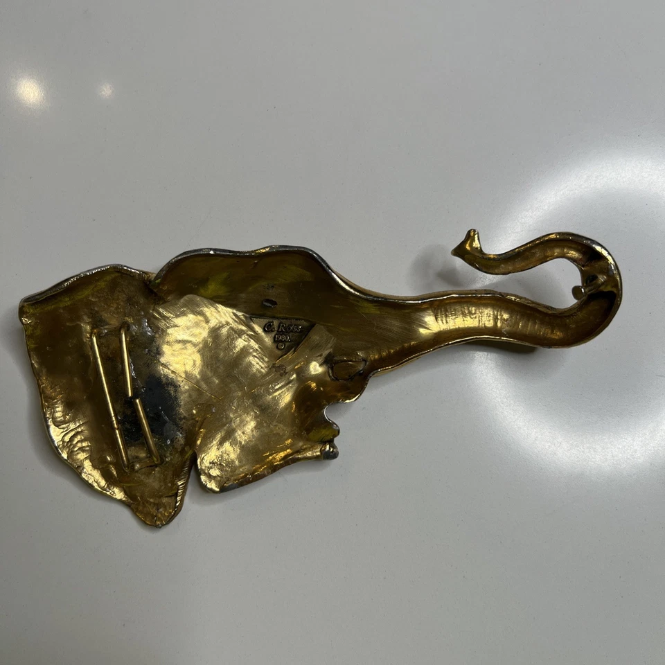 Christopher C Ross 1980 Elefante Grande Placa de Oro Hebilla Realista Firmada Foto 3 de 4