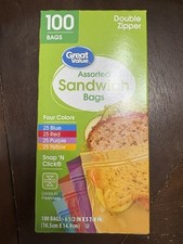 Great Value Double Zipper Sandwich Bags Assorted Colors 100 Count