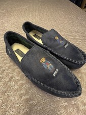 Polo Ralph Lauren Declan Bear Slippers Mens Size 10 Blue Moccasin Faux Fur Lined