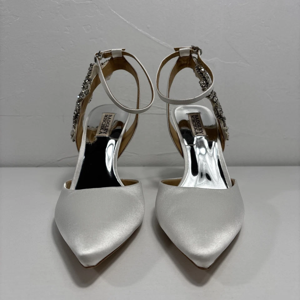 Badgley Mischka Blanca Strappy Crystal Stiletto Women’s Sz 10 White Pumps CLEAN - Image 3 of 4