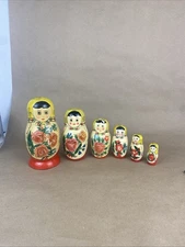 Vintage Russian Nesting Dolls Six Pink Flowers Black Hair Hand Painted Read