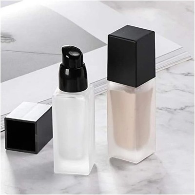 2 Pack 30ml/1oz Empty Frosted Glass Foundation Bottle, Travel Refillable Square 