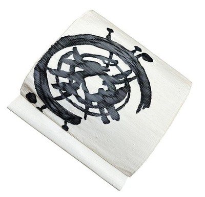 Japanischer Kimono Nagoya Obi Single Matsuba Taiko Tsumugi Beige Abstrakt Rei...