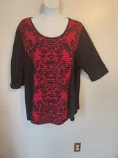 Catherines Black Red Studded Baroque Print Casual Top Shirt 3X 26 28