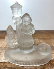 Frosted Glass Figurine Of Carolers With Lamp Post & Candle Holder