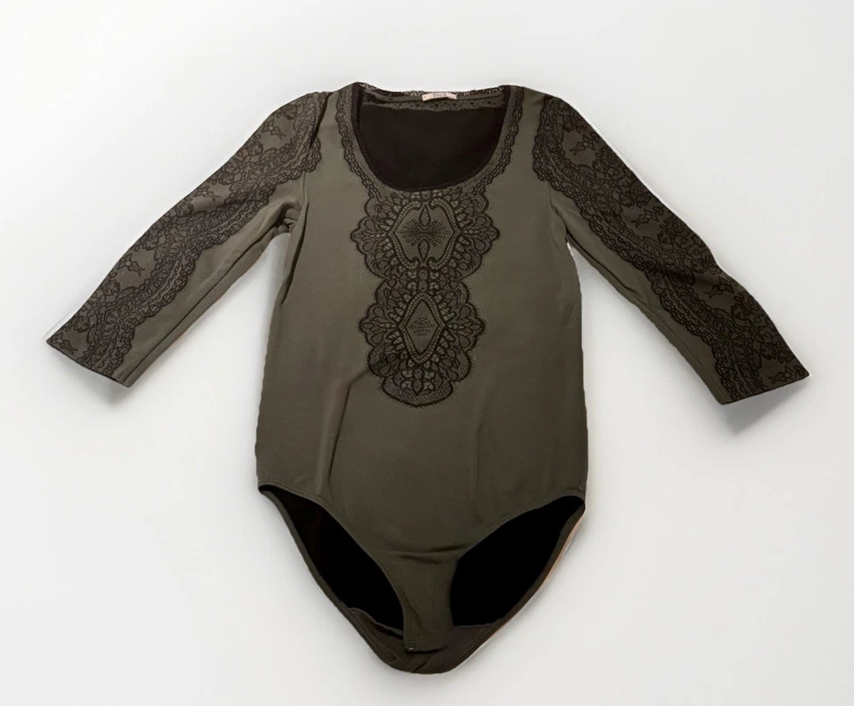 Wolford Magic Body Bodysuit Pine Needle Green Black Lace Detail Size XS VGC - Image 2 of 4