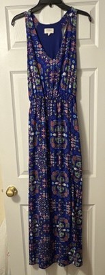 Everly Blue Floral Sleeveless Maxi Dress V-Neck Lined Long DR8029 Size M