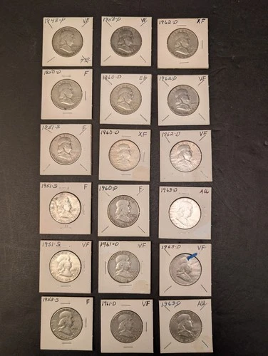 18 Franklin Half Dollars 50-cents Circulated Ungraded  .90 silver (Scrap?)