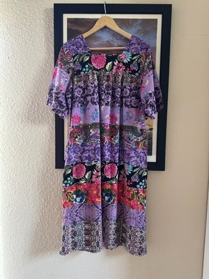 La Cera Women s Floral Purple Patchwork 100% Cotton Medium Dress Pockets