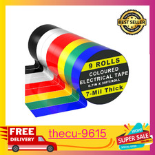 9 Rolls Coloured Electrical Tape Professional White Black Red Green Blue Yellow