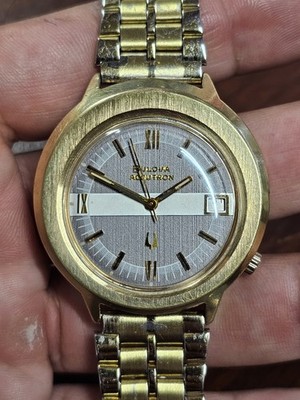 VINTAGE 1974 N4 Bulova Accutron Date Silver Linen Dial Gold Plated Read