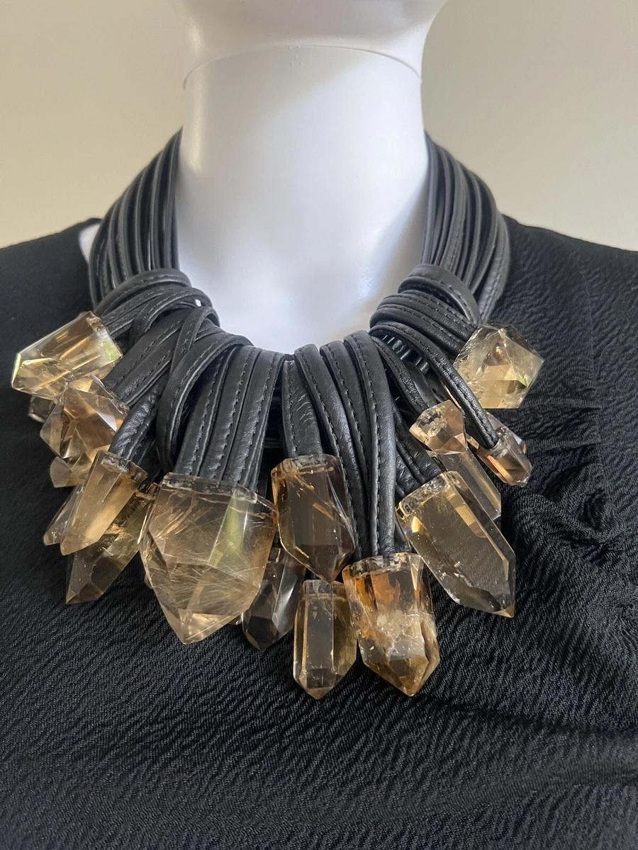 Unique MONIES Shell Lapis Crystal Ebony Leather Multi Strand