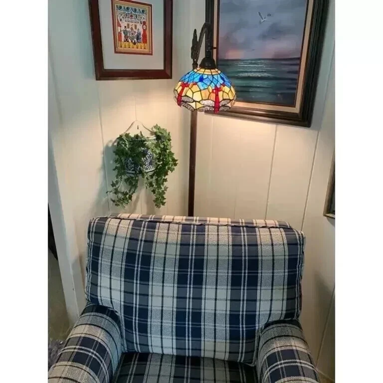 Lámpara de pie Tiffany libélula vitral azul verde latón antiguo 61" Foto 4 de 4