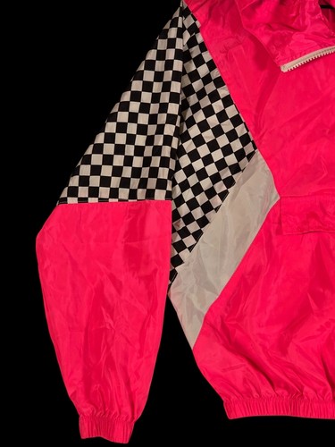 90's core Girls Half-Zip Hooded Anorak Jacket Pink & Black Checkerboard Pattern - Picture 3 of 11