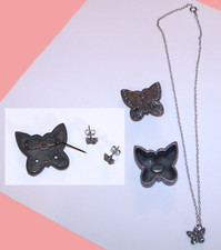 Vtg 80s-90s Torino Pewter Butterfly Trinket Box Necklace Brooch Pin Earrings Set