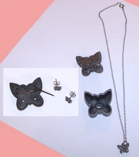 Vtg 80s-90s TORiNO pewter butterfly trinket box necklace brooch pin earrings set