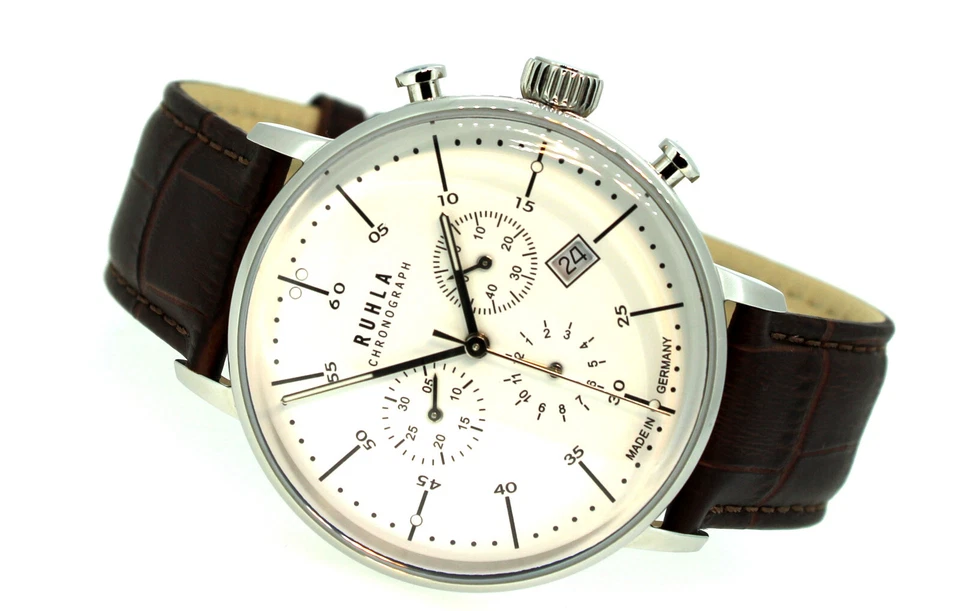 Ruhla Herrenuhr Chronograph 91203 Edelstahl Quarz Bauhaus Stil Leder braun - Bild 3 von 4