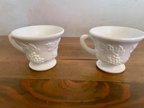 Vintage Indiana Milk Glass Harvest Grape Footed Mugs set of 2