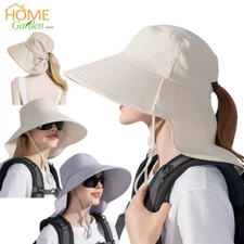 Women Wide Brim Sun Hat UV Protection Neck Cover Flap Ponytail Outdoor Beach Cap