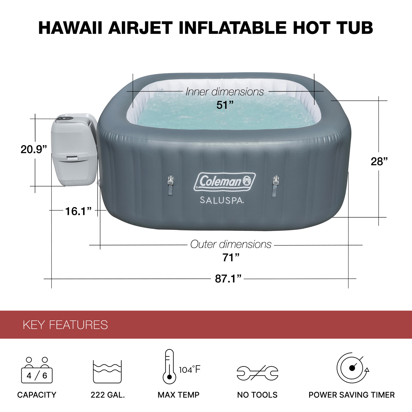 Coleman SaluSpa AirJet Person Inflatable Square Hot Tub with 114