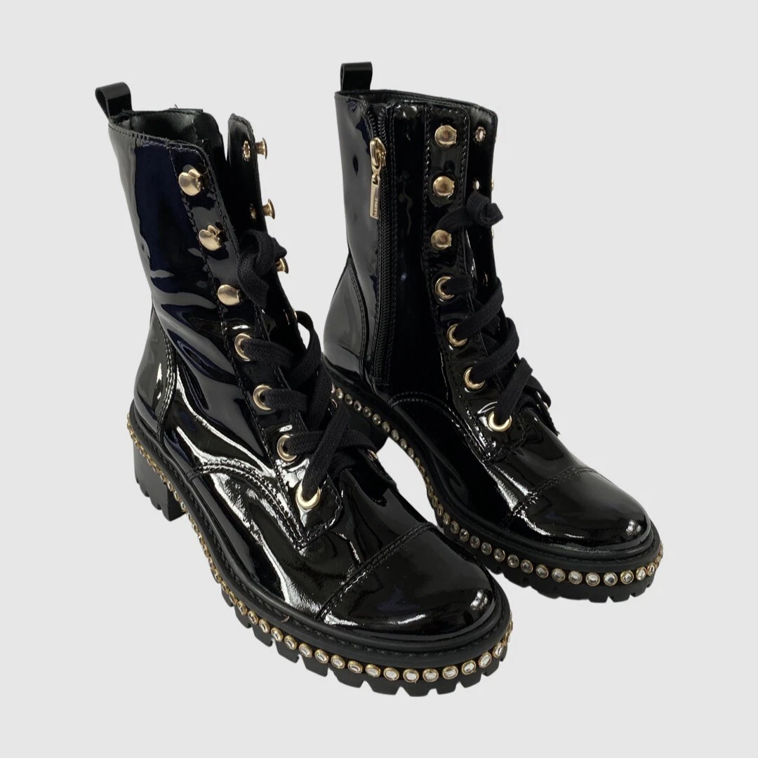 Schutz Andorra Black Patent Leather Laced Up Boots W Rhinestones US5B 198