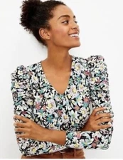 Loft Floral Shirred Puff Sleeve Shirt Women's XL V Neck Office Career