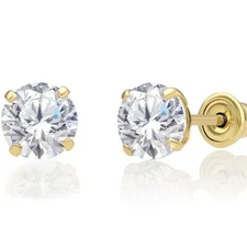 14K Real Solid Gold Solitaire Round CZ Sleeper Studs Earrings Screw-back 2mm-8mm
