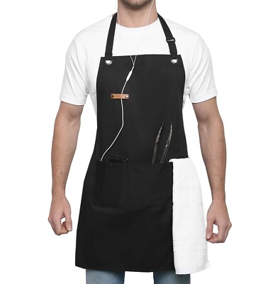 Chef Apron, Cotton & Polyester, Adjustable, Professional, Kitchen, BBQ, Black