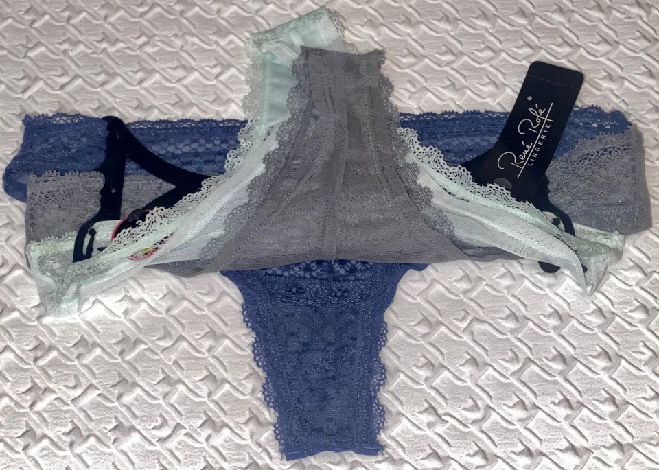 RENE ROFE 3 Pack Lace Trim Mint Green Blue Grey Mesh Thong Panty Womens M 6 L 7 - Image 4 of 4