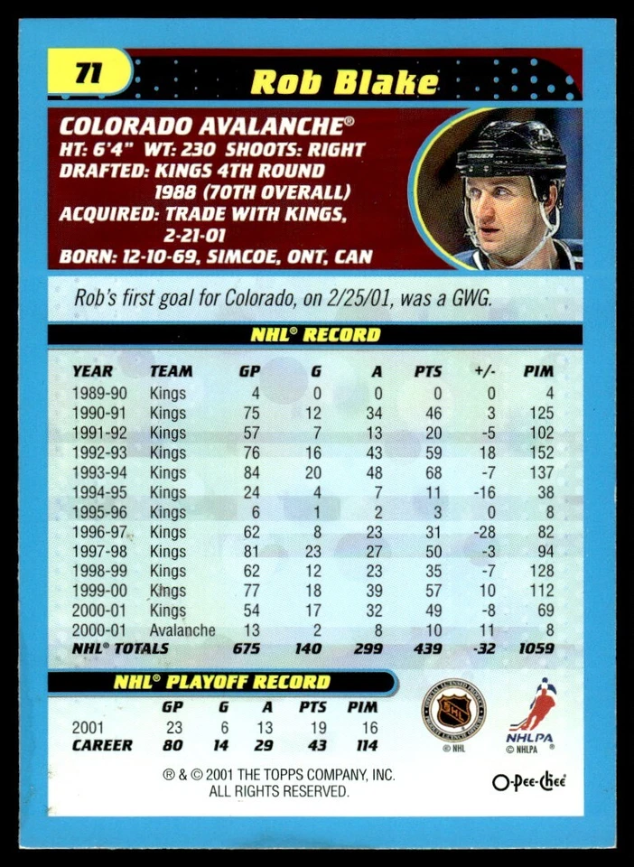2001-02 Topps O-Pee-Chee RETRO Rob Blake Colorado Avalanche #71 - Image 2 of 2