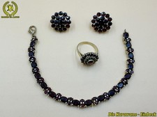 Antik Böhmischer Granat Schmuckset Silber vergoldet Ring Armband Ohrringe 30,11g